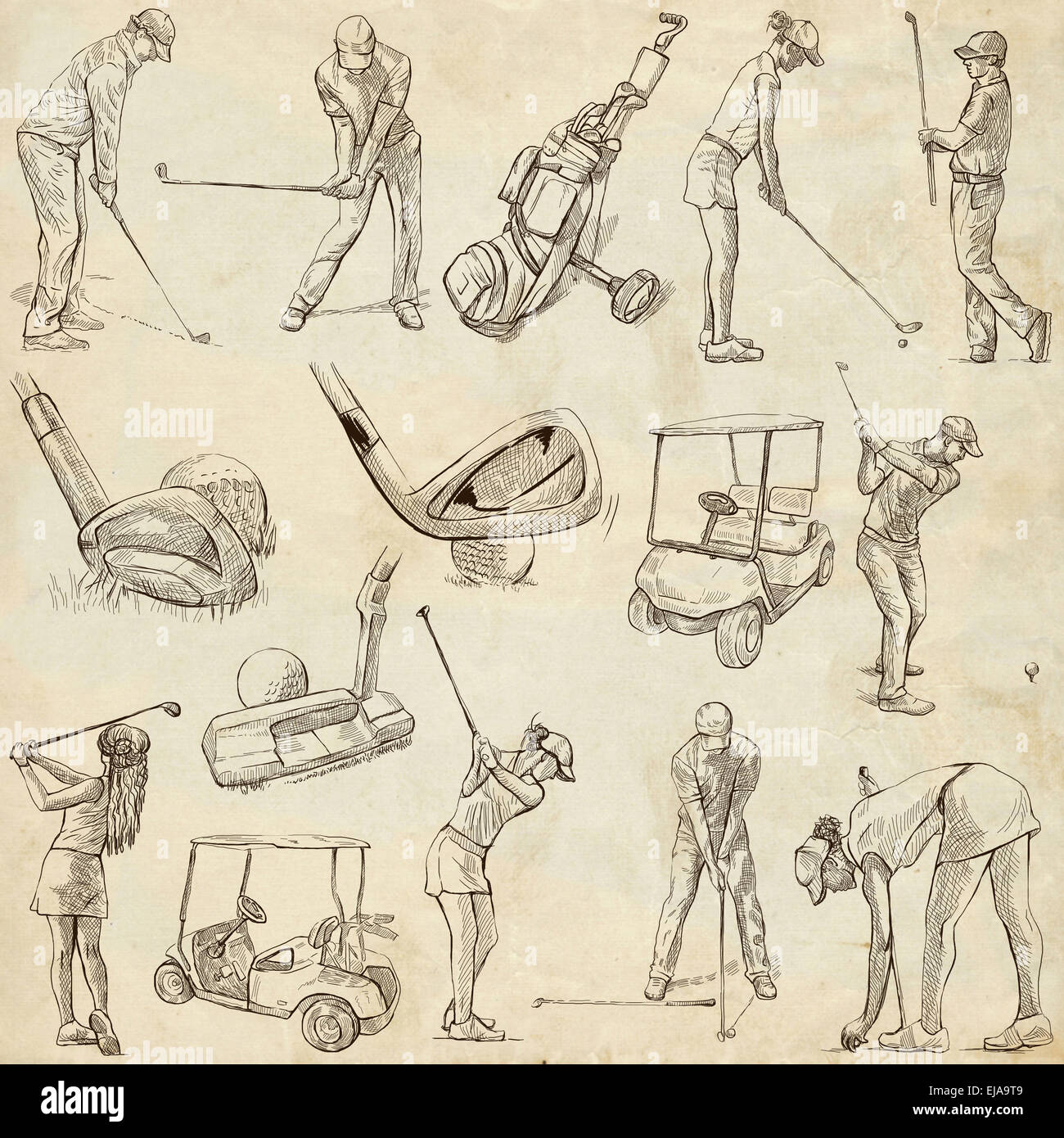 GOLF, Golfer, Golf Auswirkungen Positionen und Golfausrüstung. Auflistung einer Hand gezeichnet voller Größe Illustrationen (Originale), pack Stockfoto