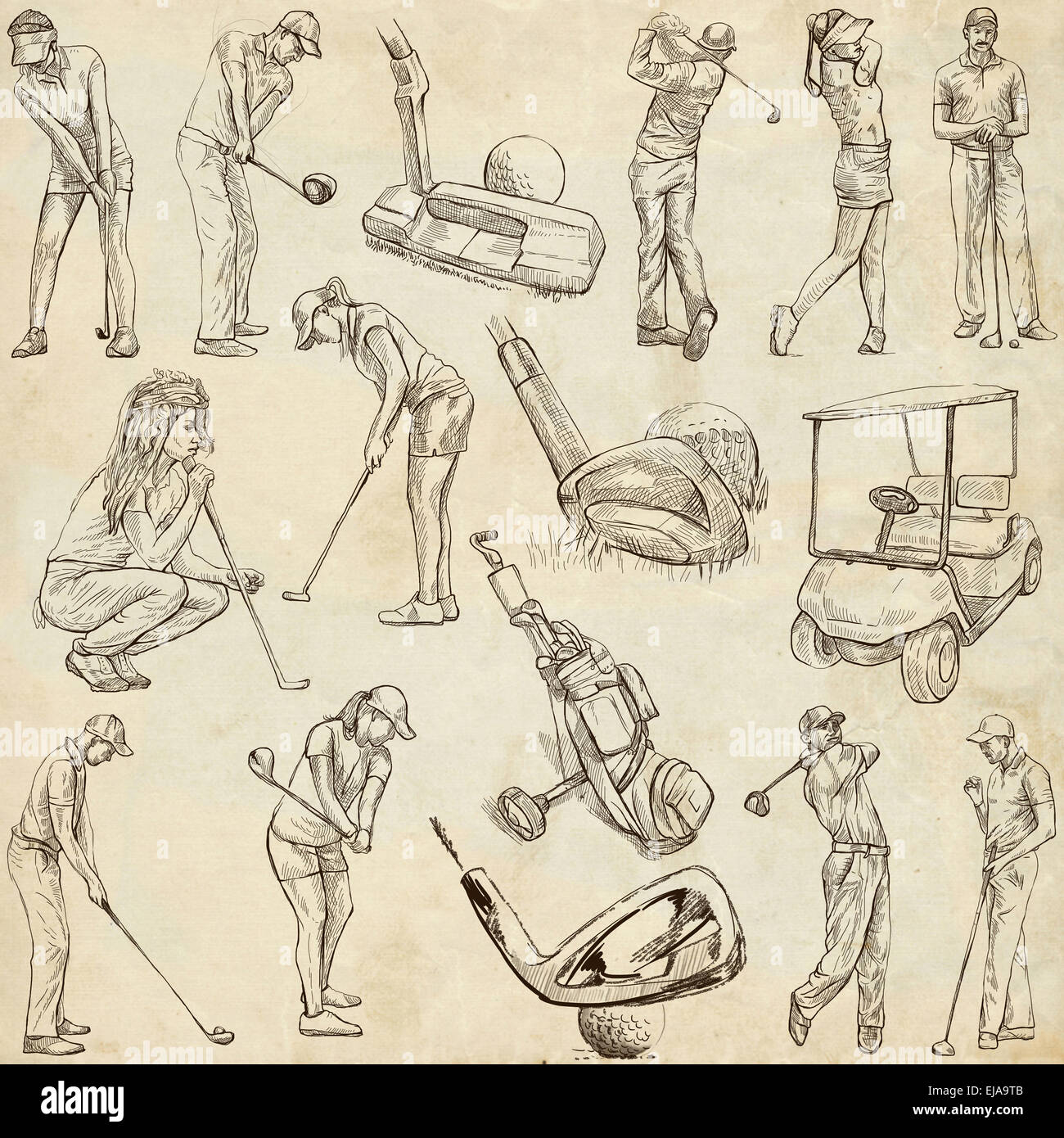 GOLF, Golfer, Golf Auswirkungen Positionen und Golfausrüstung. Auflistung einer Hand gezeichnet voller Größe Illustrationen (Originale), pack Stockfoto