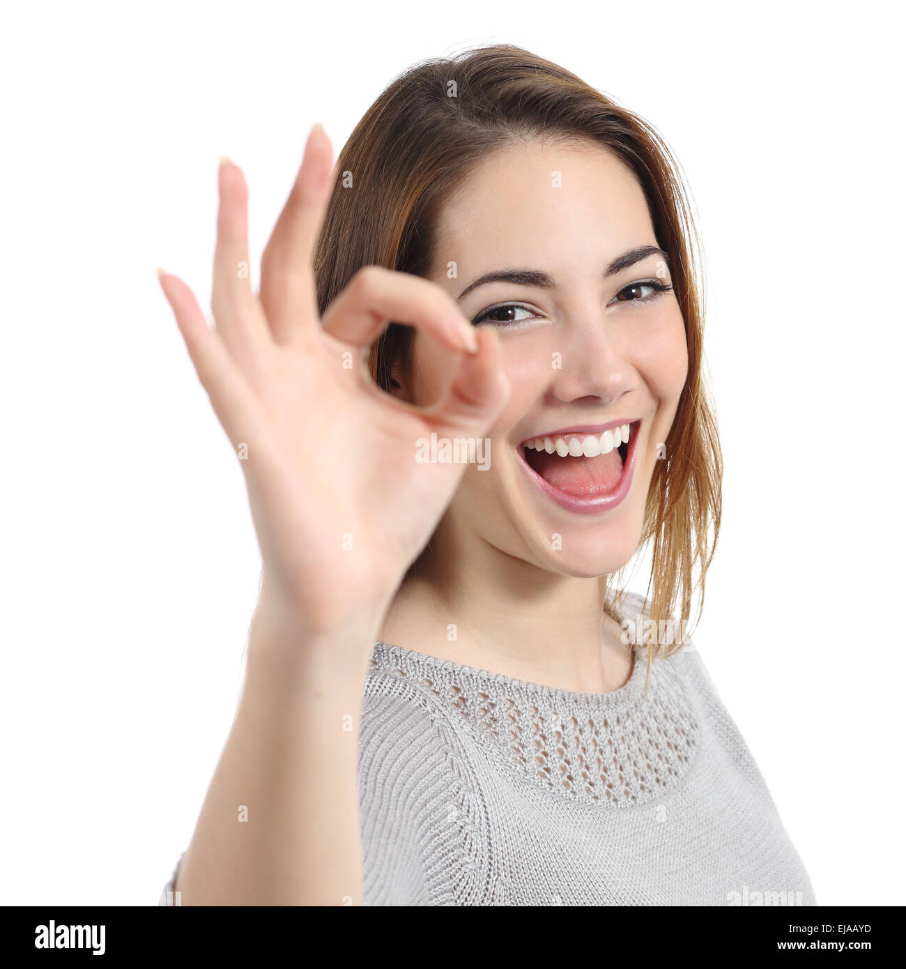 Nahaufnahme einer glücklichen Frau Ordnung Geste isoliert auf weißem Hintergrund Stockfoto