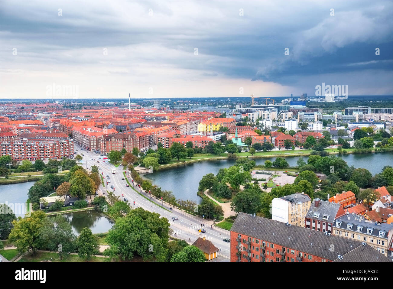 Die Vogelperspektive aus der Kirche unseres Erlösers auf dem Sturm über Kopenhagen. Stockfoto