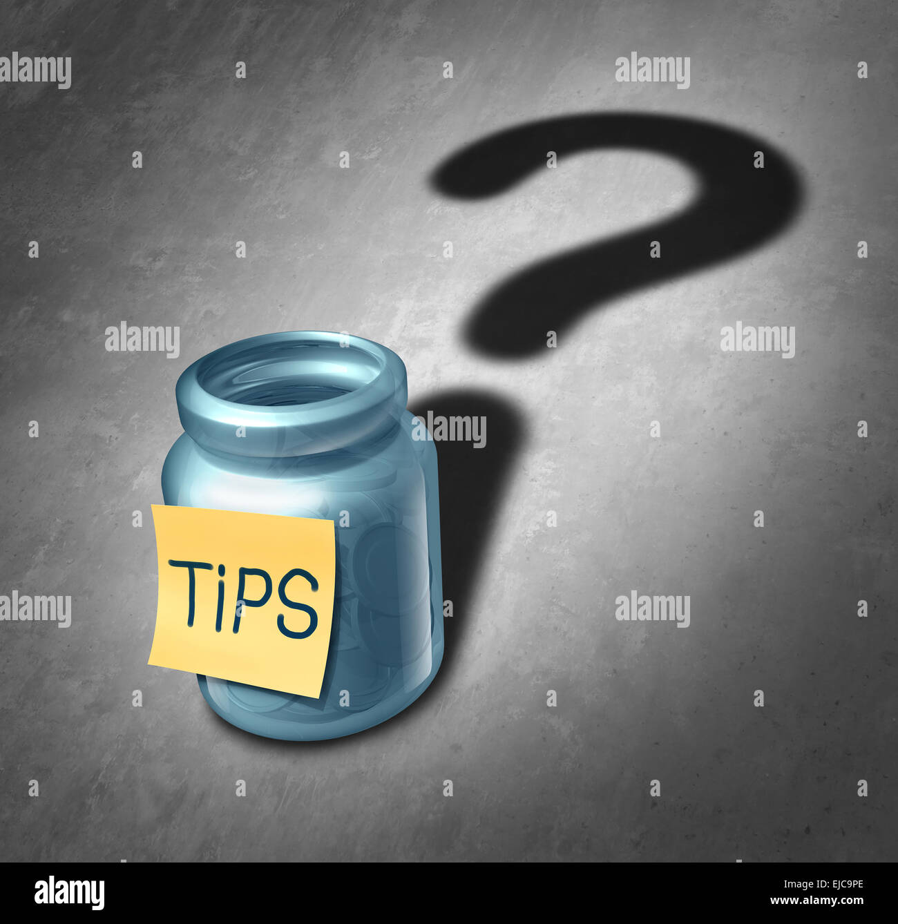 Tip Jar Symbol und kritischen Fragen Konzept als Trinkgeld Container mit Geld innen wirft einen Schatten, geformt wie ein Fragezeichen als Symbol für die Entscheidung, wie viel Geld für den Dienst geben. Stockfoto