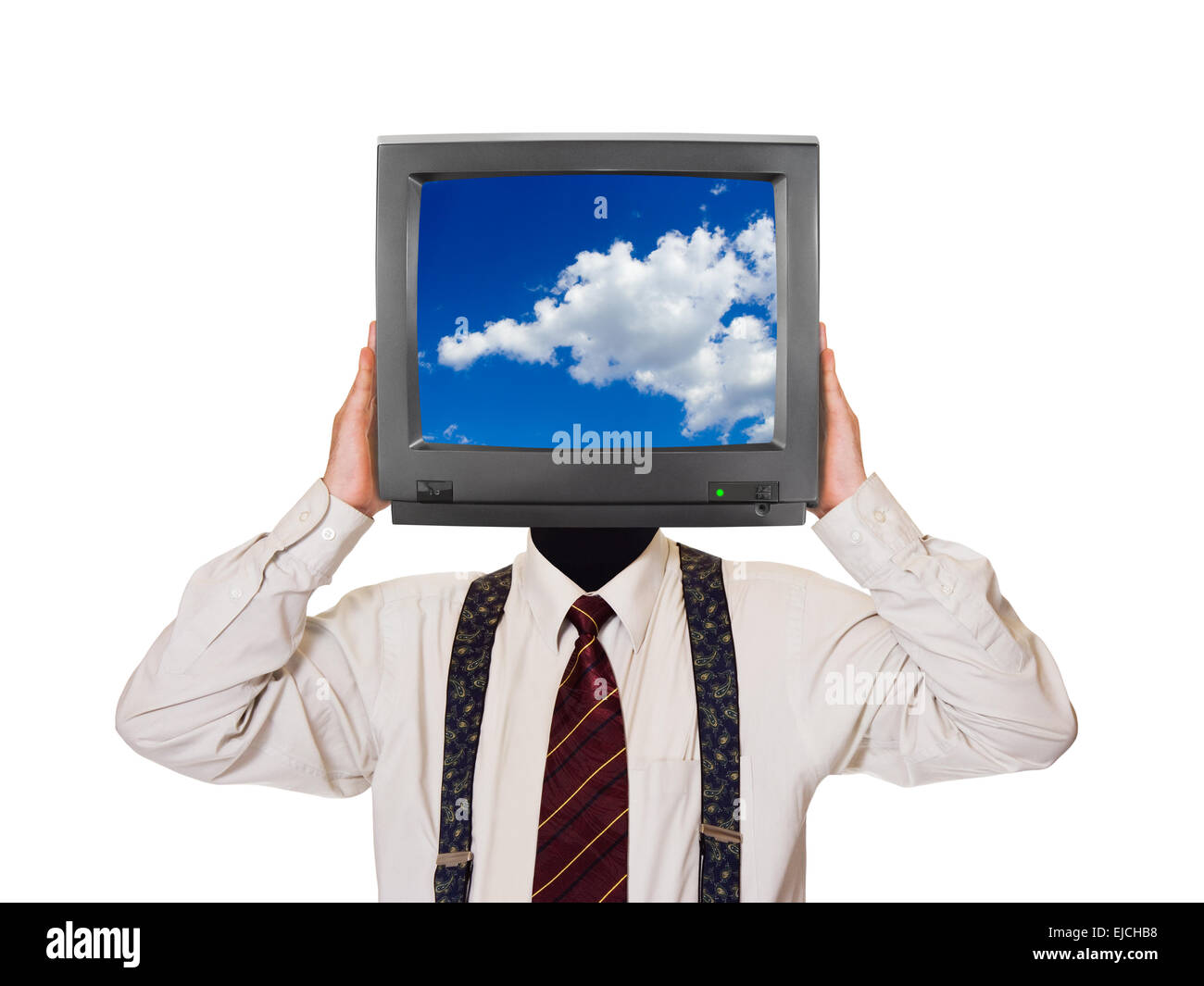 Mann mit Sky-tv-Bildschirm für Kopf Stockfoto