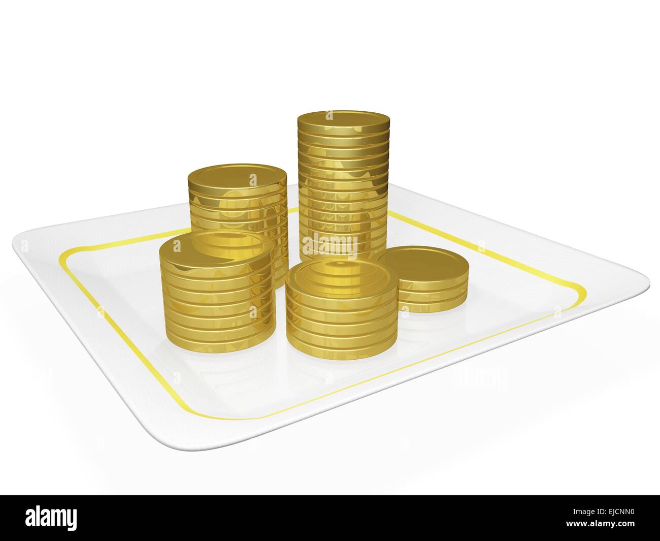 Goldene Münzen gestapelt auf einer keramischen Platte Stockfoto