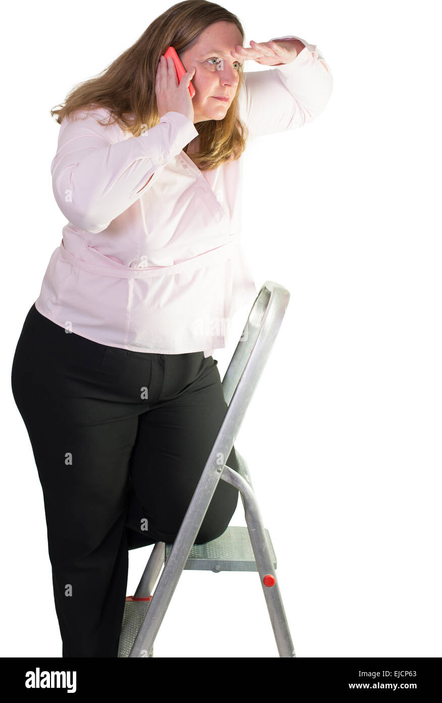 Business-Frau, die auf einer Leiter stehend Stockfoto