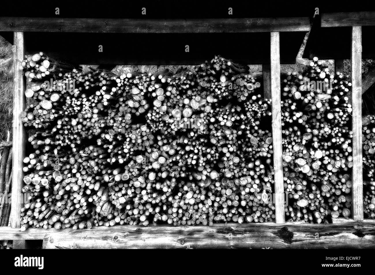 Winter Brennholz Lagerung schwarz weich Stockfoto