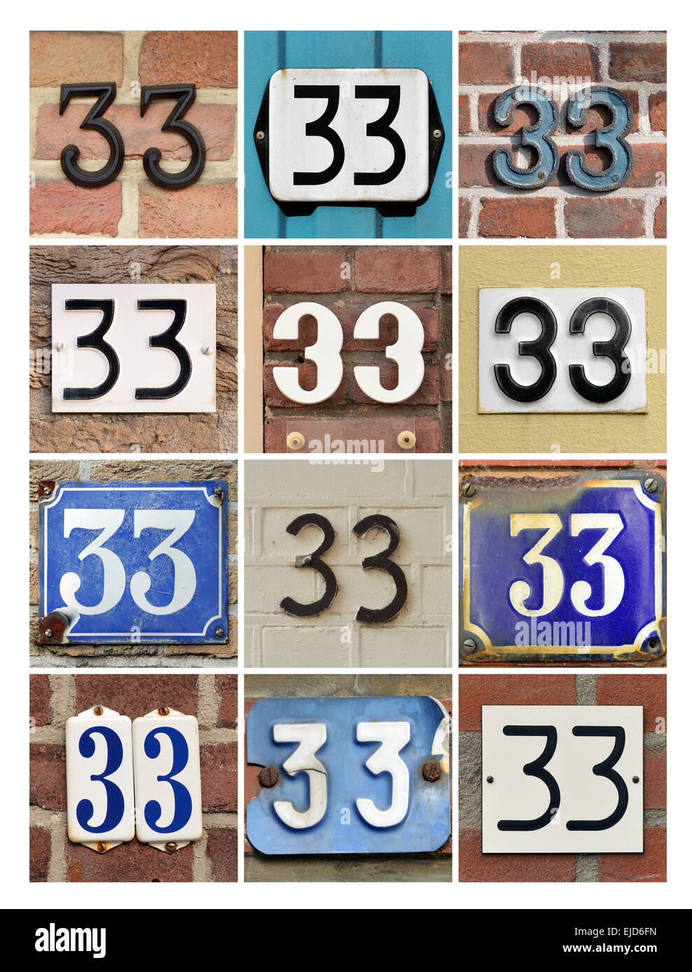 Zahlen 33 - Collage des Hauses zahlen 33 Stockfoto