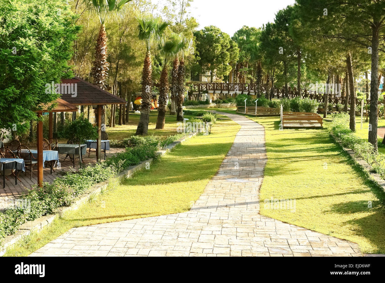 Feld, Palmen und Stoneblock in hoher Klasse türkischen Hotel Antalii. Stockfoto