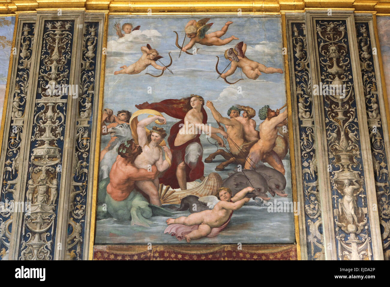 Triumph der Galatea. Fresko von Raffael in der Loggia des Galatea in der Villa Farnesina in Rom, Italien. Stockfoto
