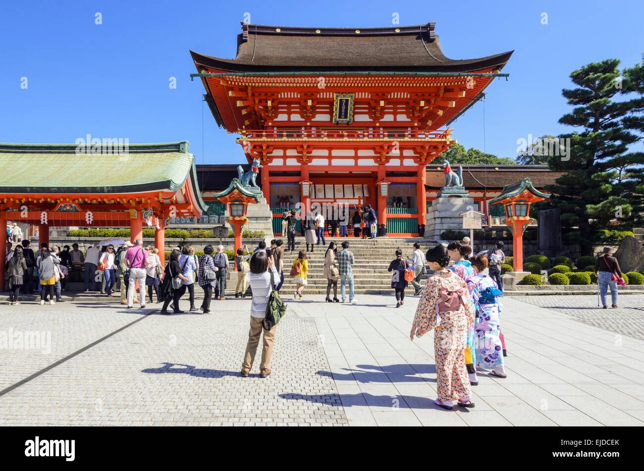 Traditionell gekleidete Japanerinnen zu Fuß in Richtung der Turmtor am Fushimi Inari Schrein, Kyoto, Japan Stockfoto