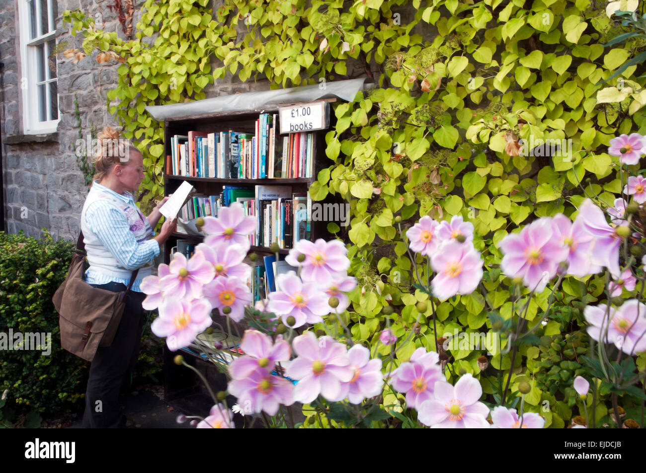 Gebrauchte Bücher am Schloss von Hay-on-Wye, eine Stadt, bekannt als die gebrauchte Buch-Hauptstadt der Welt, Hay-on-Wye, Wales-England Stockfoto