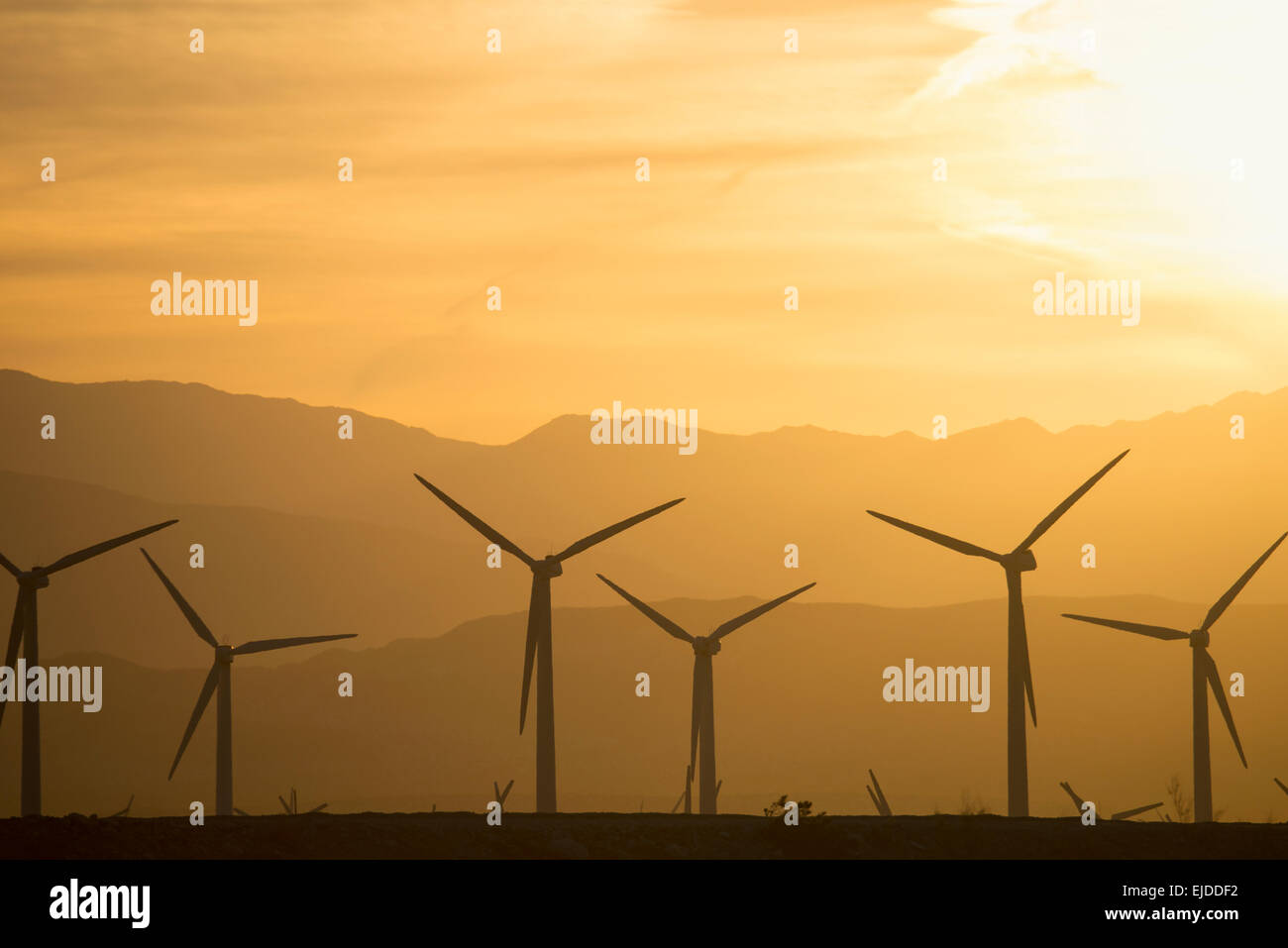 Eine Gruppe von Windenergieanlagen in den Sonnenuntergang. Stockfoto