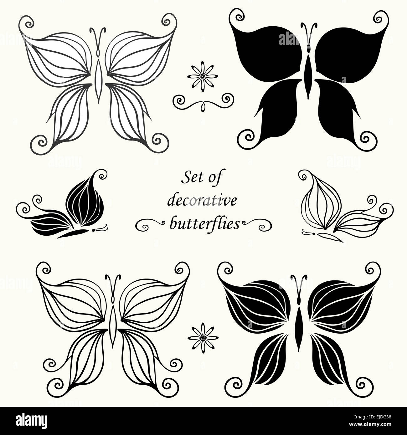 Satz von dekorativen Schmetterlinge und Elemente, Handzeichnung. Am besten für Ihr Design, Werbung und Grußkarten, Textilien, tattoo Stockfoto