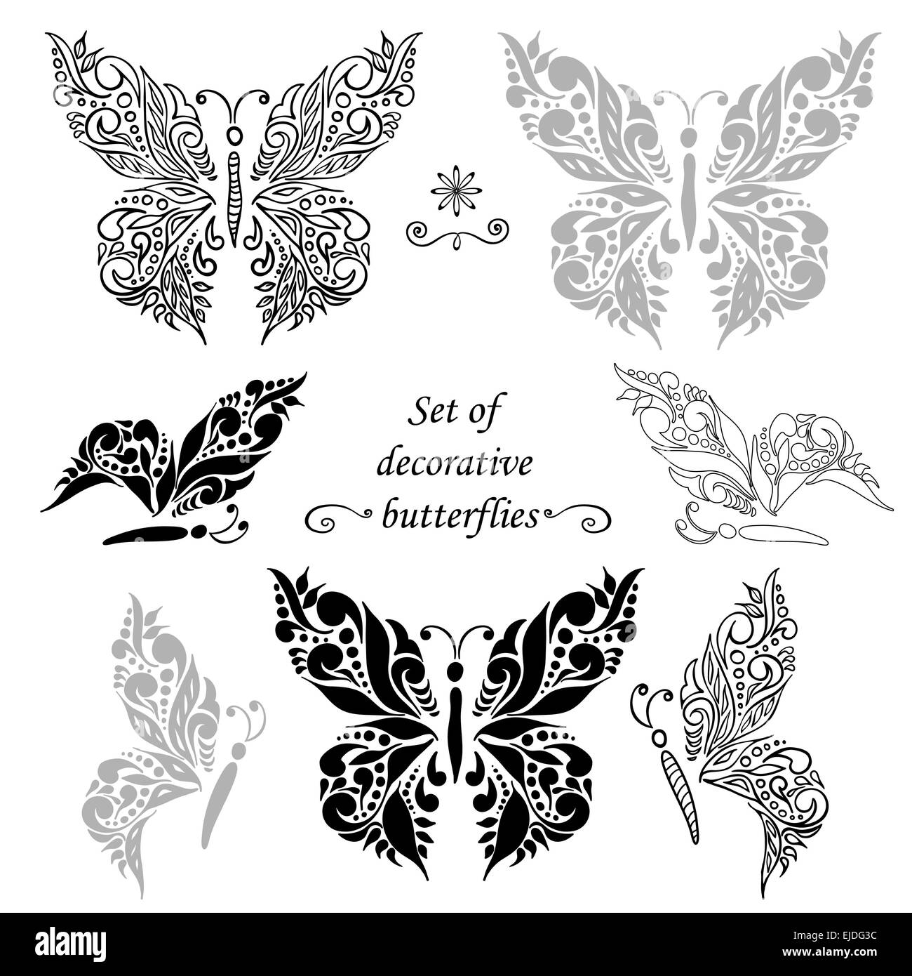 Satz von dekorativen Schmetterlinge und Elemente, Handzeichnung. Am besten für Ihr Design, Werbung und Grußkarten, Textilien, tattoo Stockfoto