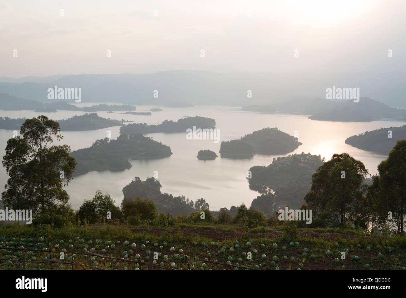 Blick von oberhalb des Lake Bunyonyi mit Inseln bei Sonnenuntergang. Uganda. Stockfoto