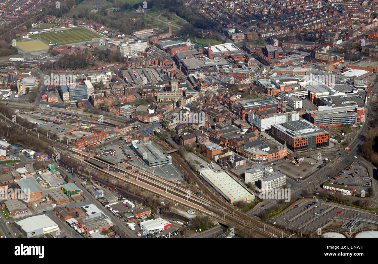 Luftaufnahme von Wigan Stadtzentrum, Lancashire, UK Stockfoto