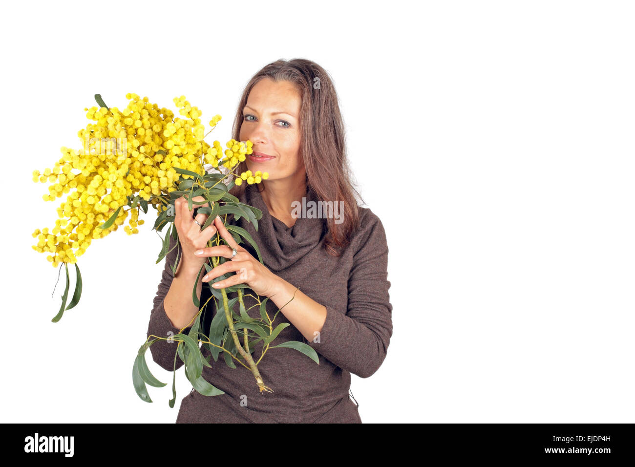 Schöne Frau mit blühenden Mimosen Stockfoto