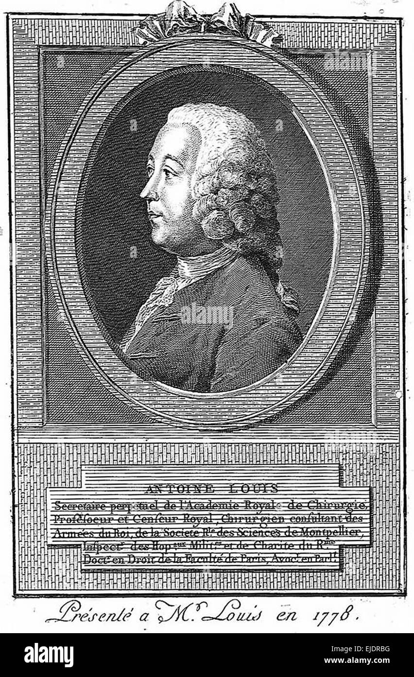 Antoine Louis (13. Februar 1723 – 20. Mai 1792) war ein französischer Chirurg und Physiologe, die er ursprünglich in der Medizin von seinem Vater, ein Chirurg-Major in einem lokalen militärischen Krankenhaus ausgebildet wurde. Als junger Mann ging er nach Paris, wo er als Gagnant Maîtrise an der Salpêtrière diente. Im Jahre 1750 ernannte ihn Professor für Physiologie, eine Position, die er 40 Jahre lang innehatte. Im Jahr 1764 wurde er Lebensdauer Sekretär der Académie Royale de Chirurgie ernannt.  Louis veröffentlichte zahlreiche Artikel über Chirurgie, einschließlich einige Biographien von Chirurgen, d Stockfoto