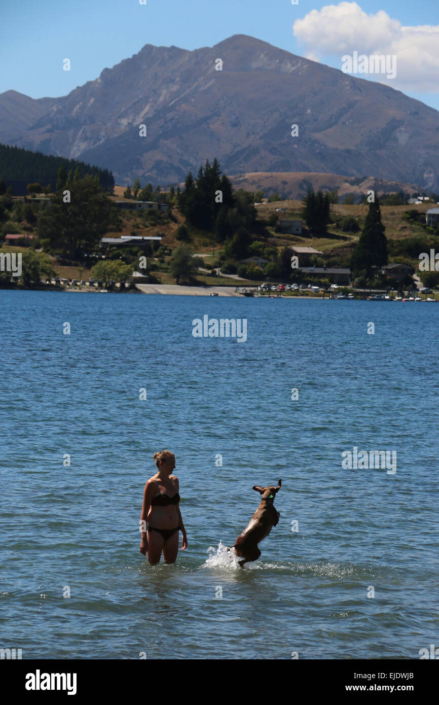 Frau mit Hund am See Wanaka, Region Otago Seen Wanaka Neuseeland schwimmen Stockfoto