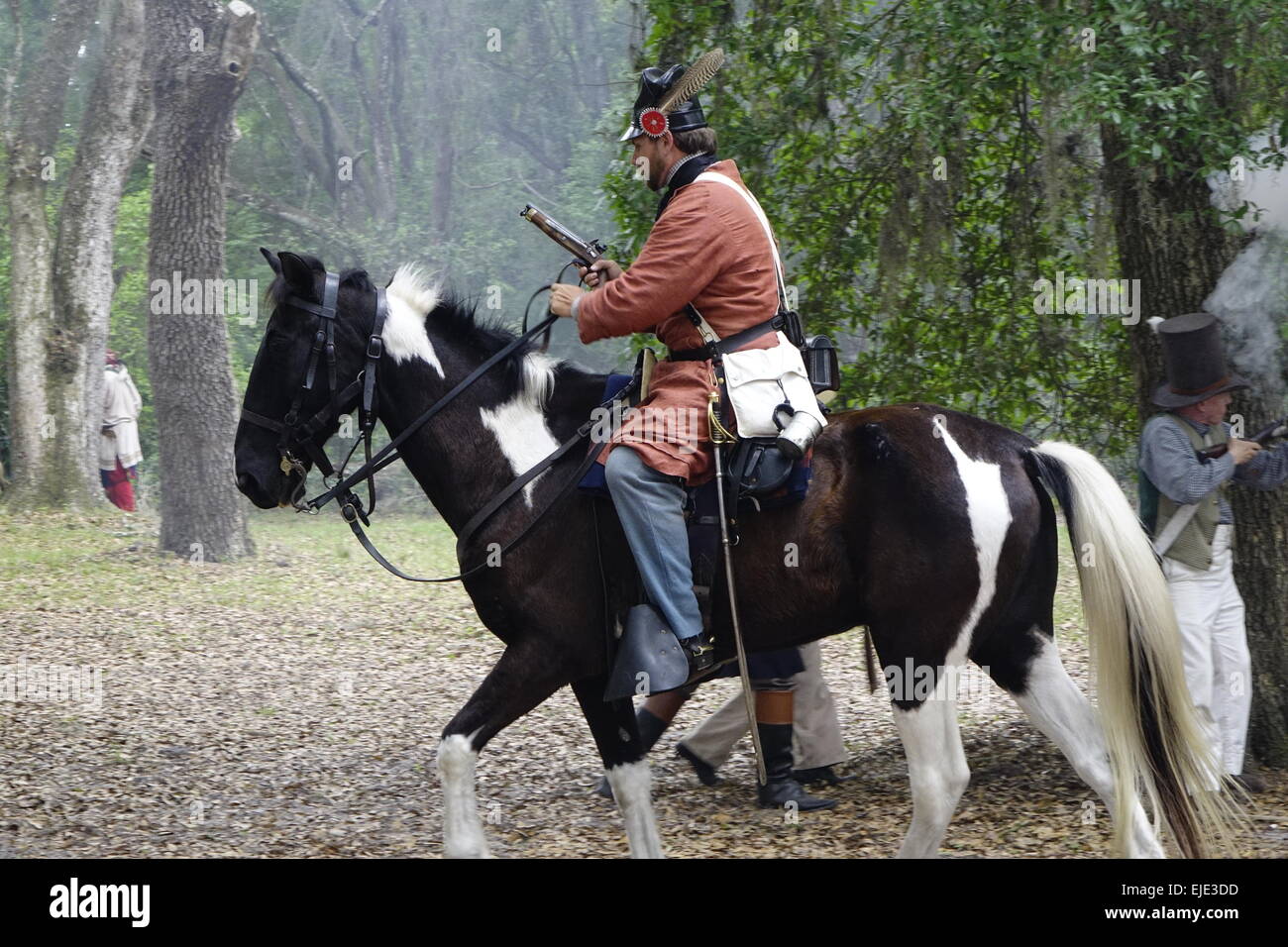 Fort Cooper Tage Fort Cooper Staatspark, Inverness, Florida. "Major Cooper" Fahrten unter Männern in einer 2. Seminolenkrieg Reenactment Stockfoto
