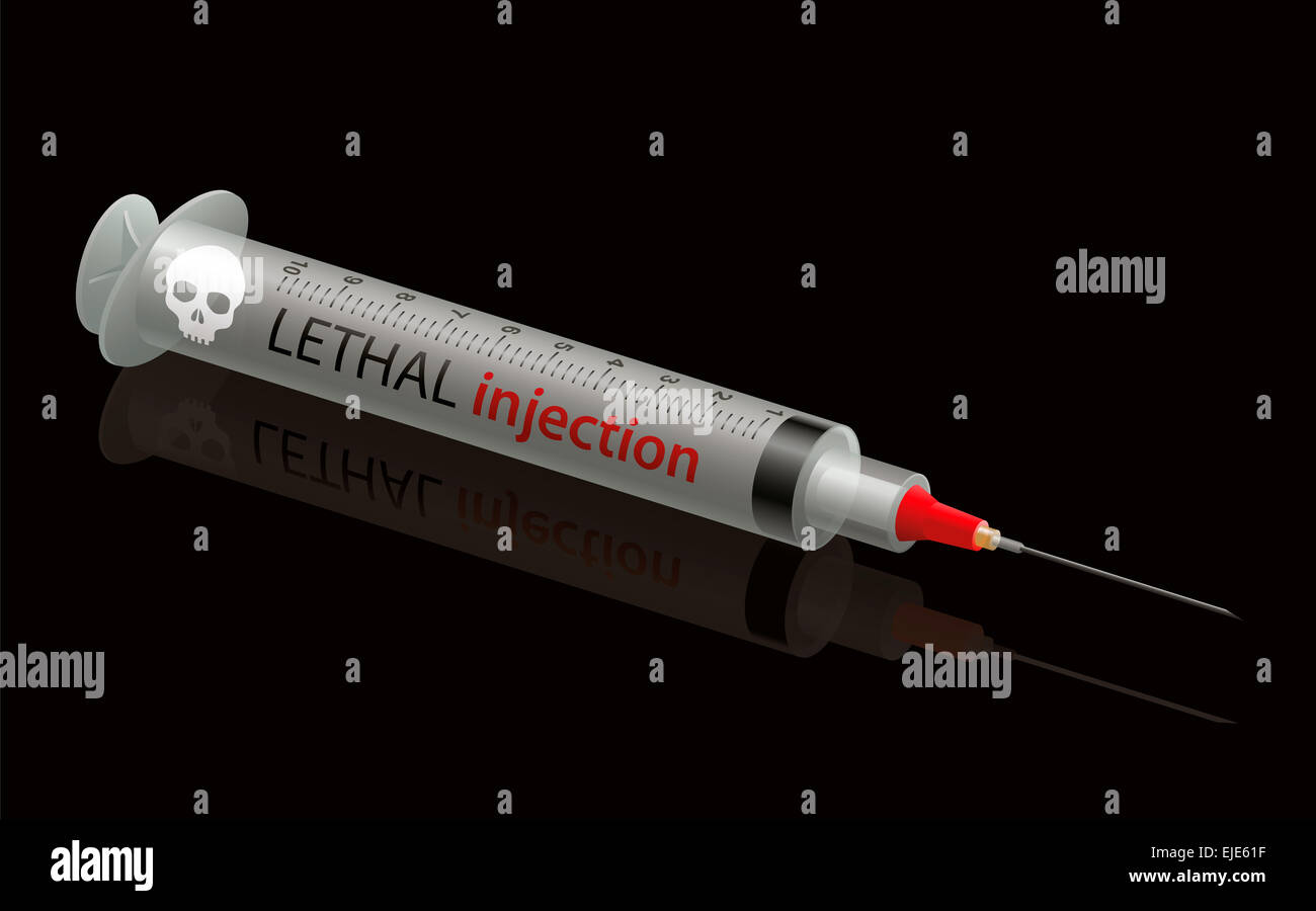 Tödliche Injektionsspritze mit Totenkopf, Darstellung auf schwarzem Hintergrund. Stockfoto