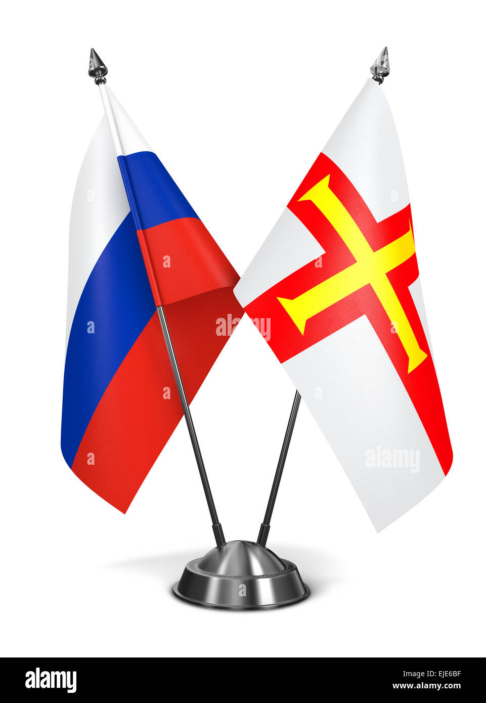 Russland und Guernsey - Miniatur-Flags, Isolated on White Background. Stockfoto