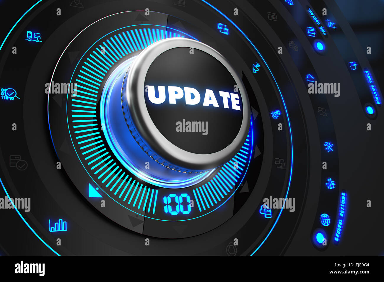 Schaltfläche "aktualisieren" mit leuchtenden blau leuchtet auf schwarze Konsole. Erhöhung, Steuerung oder Management-Konzept. Stockfoto