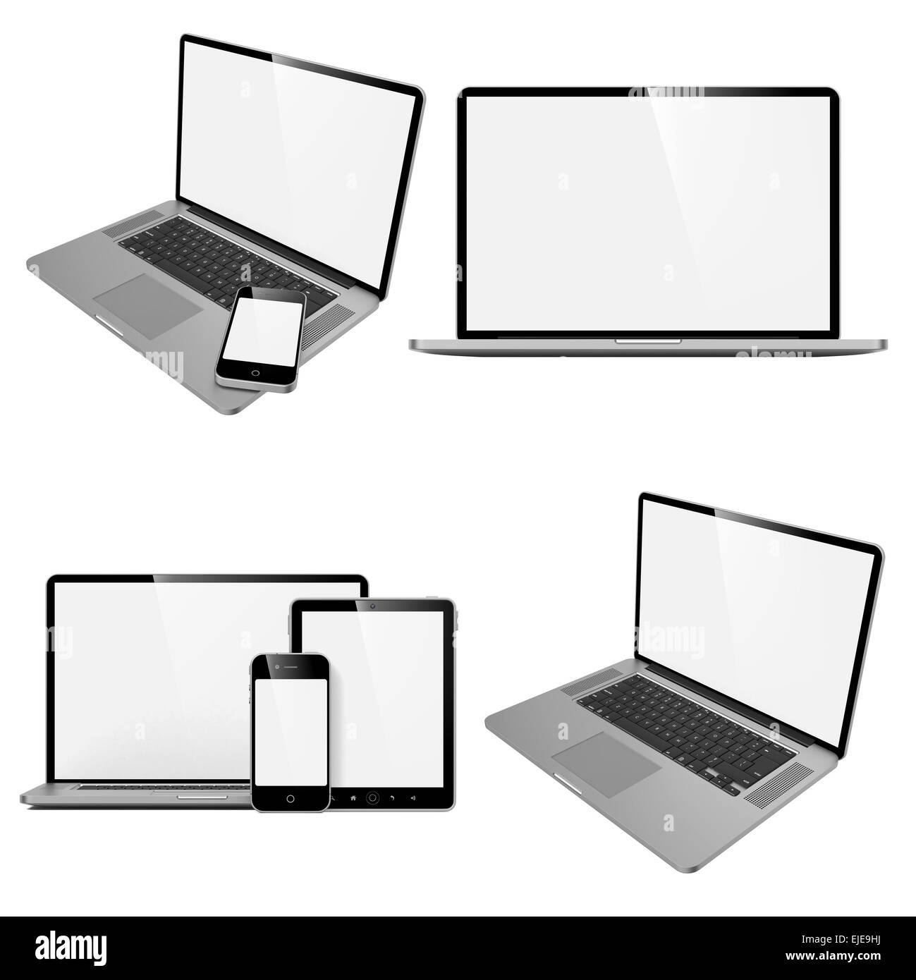 Laptop, Tablet und Handy. Satz von Computergeräten auf weißem Hintergrund. Stockfoto
