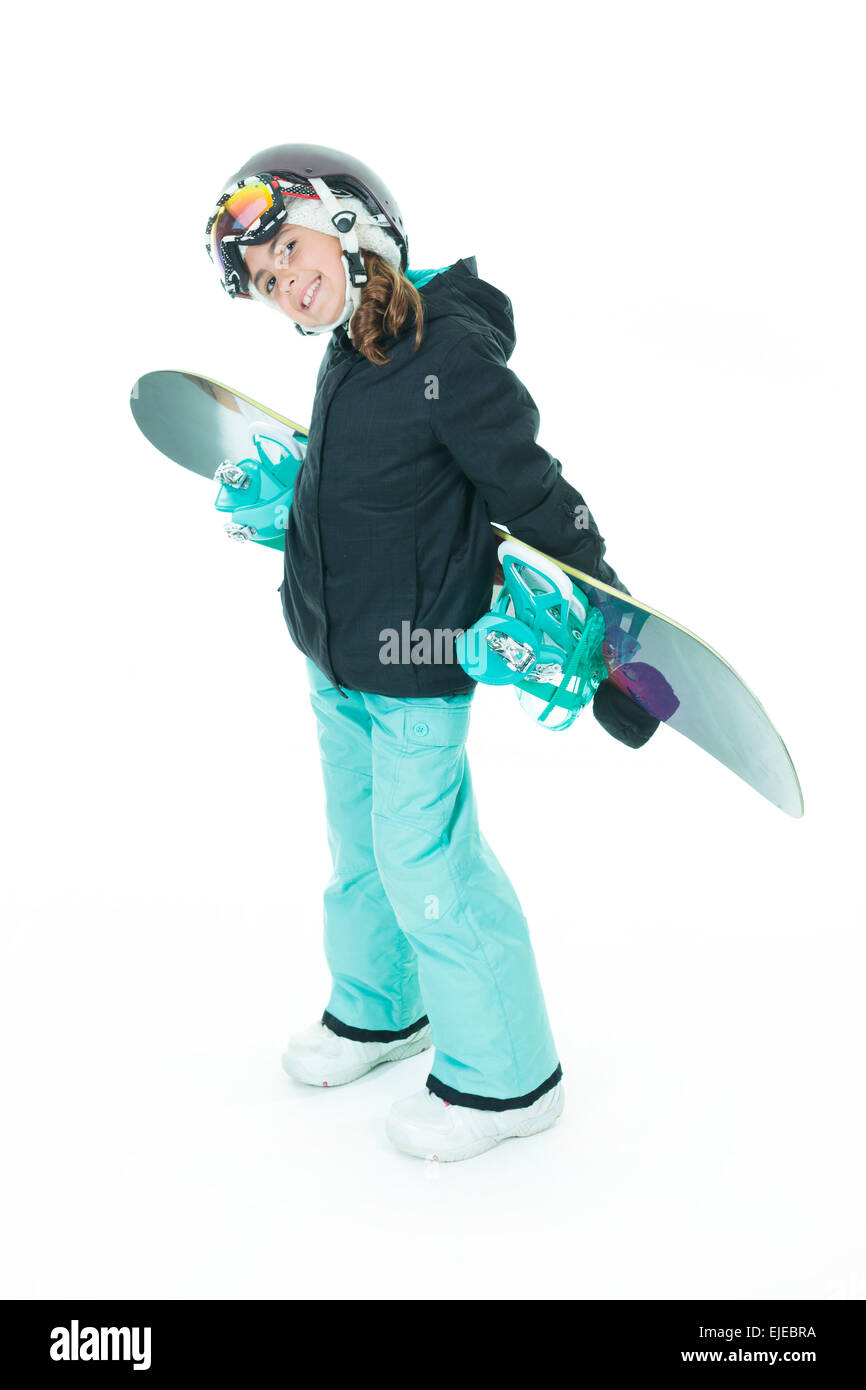 Glückliches Mädchen mit Snowboard und Gruß Geste, isoliert auf weiss Stockfoto