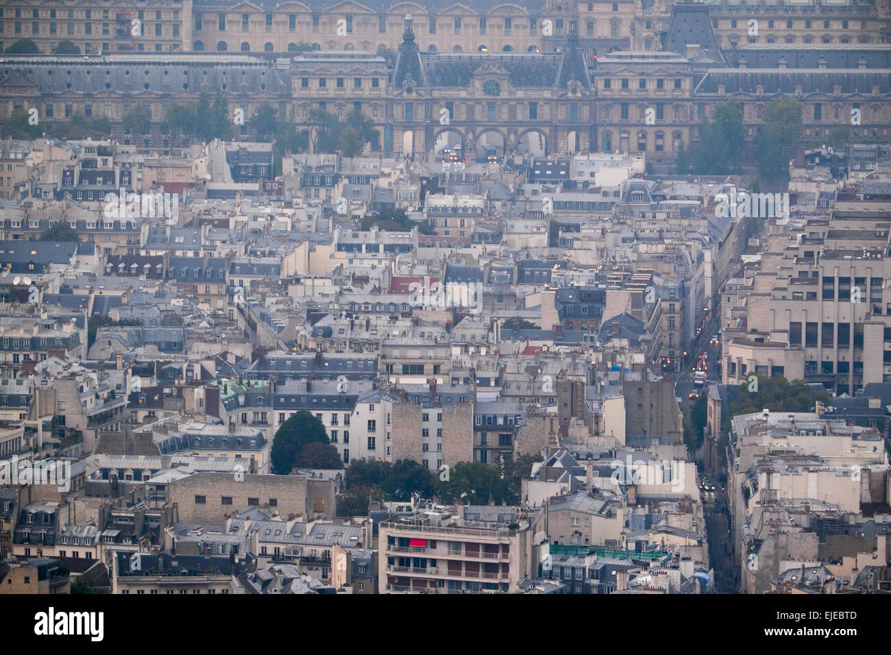 Abend einsetzt, die charakteristischen Dächer von Paris in der Nacht verblassen, aber lebendig mit Licht. Stockfoto