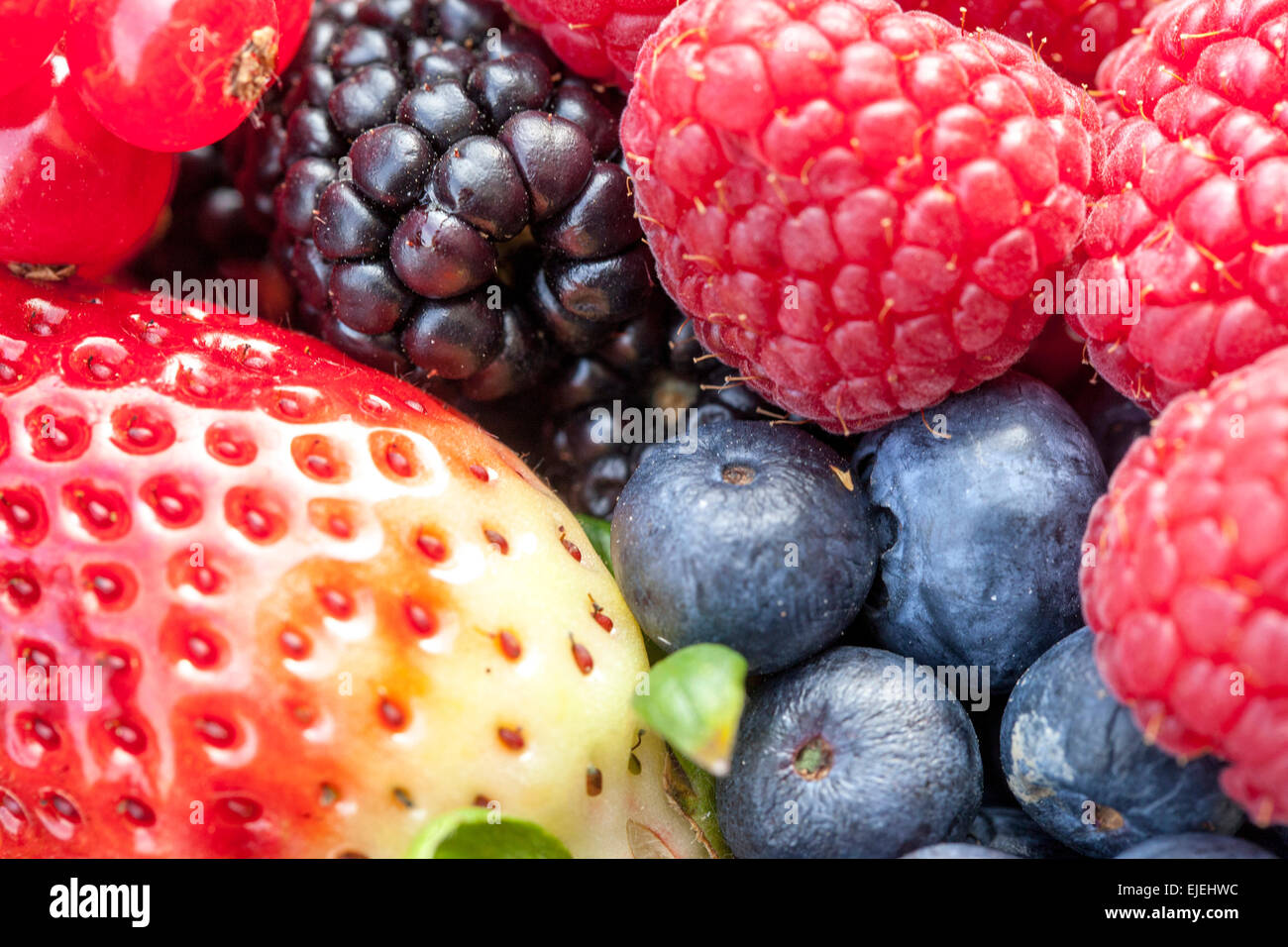 Gemischte Beeren, Erdbeere, Himbeere, Heidelbeere Obst, Nahaufnahme, eine Textur Stockfoto