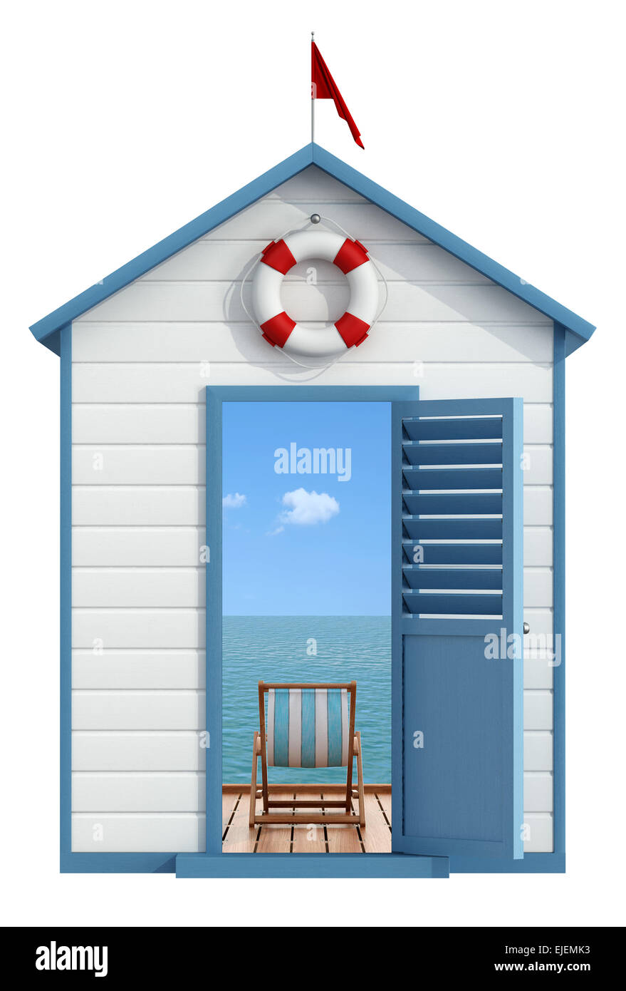 Strandkabine mit offener Tür, innen ein Pier am Meer mit Liegestuhl - 3D Rendering Stockfoto