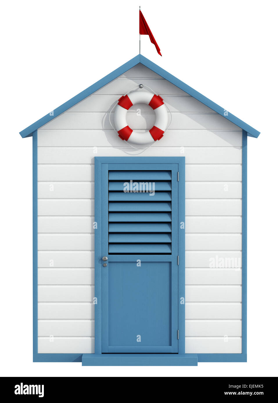 Weiße und blaue Strandkabine mit geschlossener Tür, Boje und kleine rote-Fahne - 3D Rendering Stockfoto