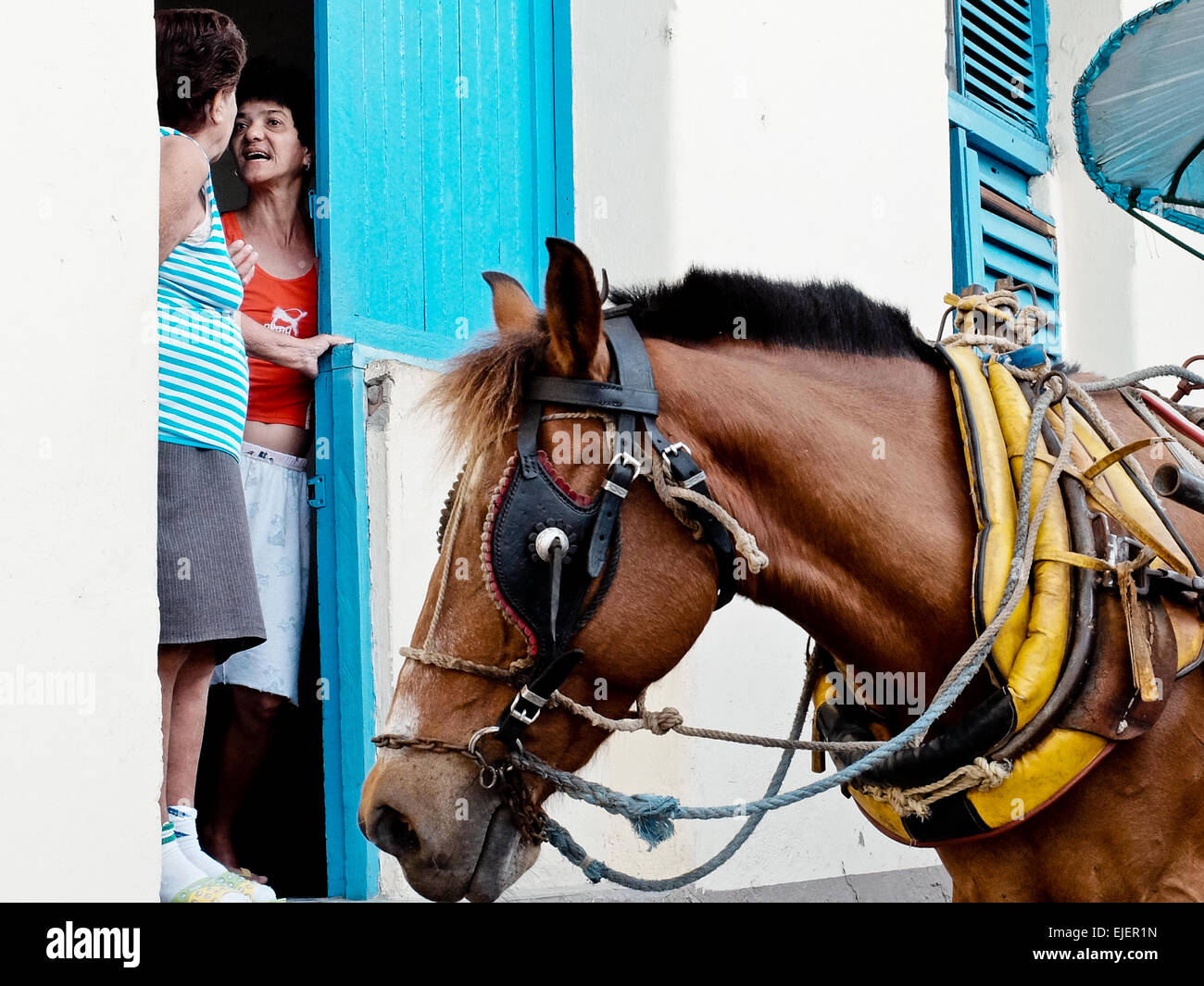 Zwei Frauen stehen und unterhalten sich in der Tür eines Hauses in der 500 Jahre alten Stadt Sancti Spíritus. Kubaner verbringen viel Zeit auf ihre Türen und viele Aktivitäten stattfinden an der Haustür und Street, wodurch ein Gefühl der Gemeinschaft mit ihren Nachbarn. Wohnwelten zeigen deutlich die Armut, düster und Mängel so häufig in der kubanischen Leben. Stockfoto