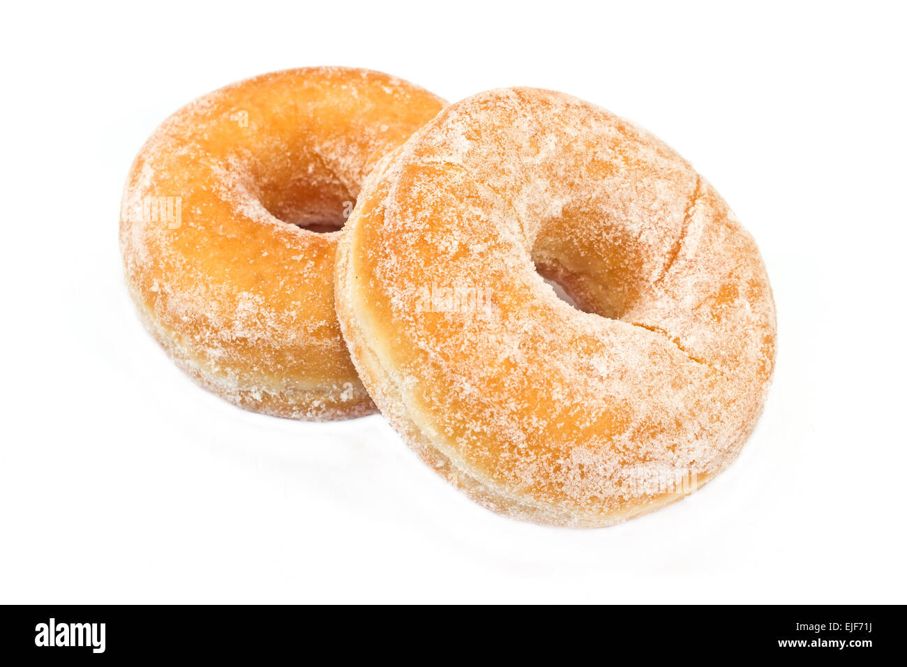 Zwei Donuts mit Zucker isoliert auf weiss gepudert Stockfoto