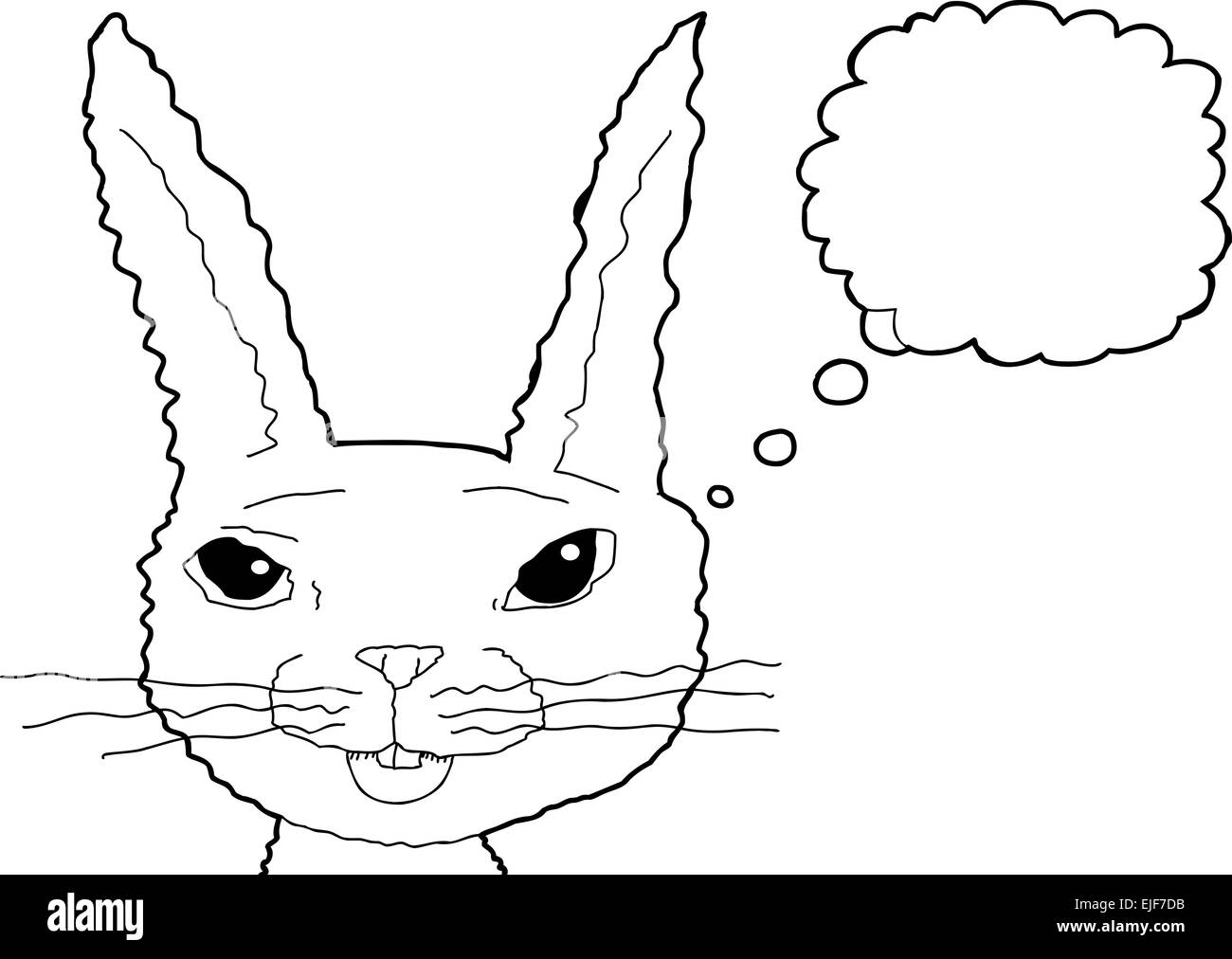 Beschriebenen lächelnd fuzzy Cartoon Kaninchen mit Gedankenblase Stockfoto
