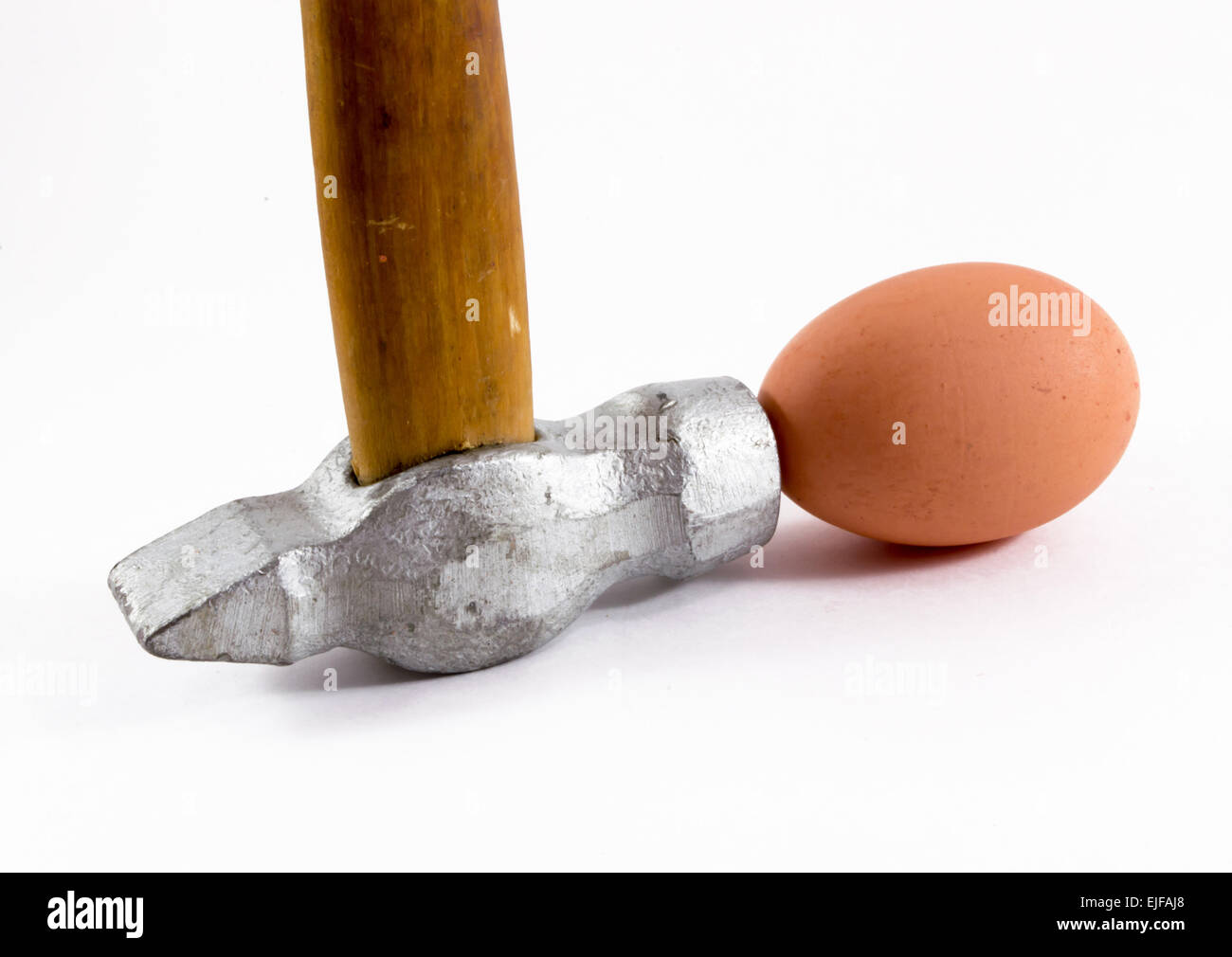 Eine schwingende Hammer etwa um ein unopenened Ei zerschlagen Stockfoto