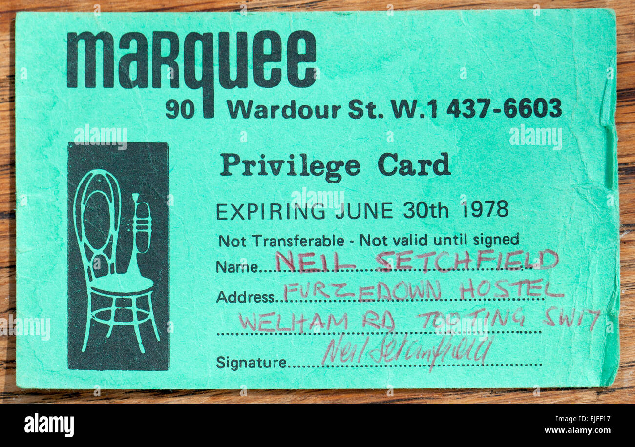 Vintage Privileg Mitgliedskarte für Londoner Marquee Club Wardour Street Stockfoto