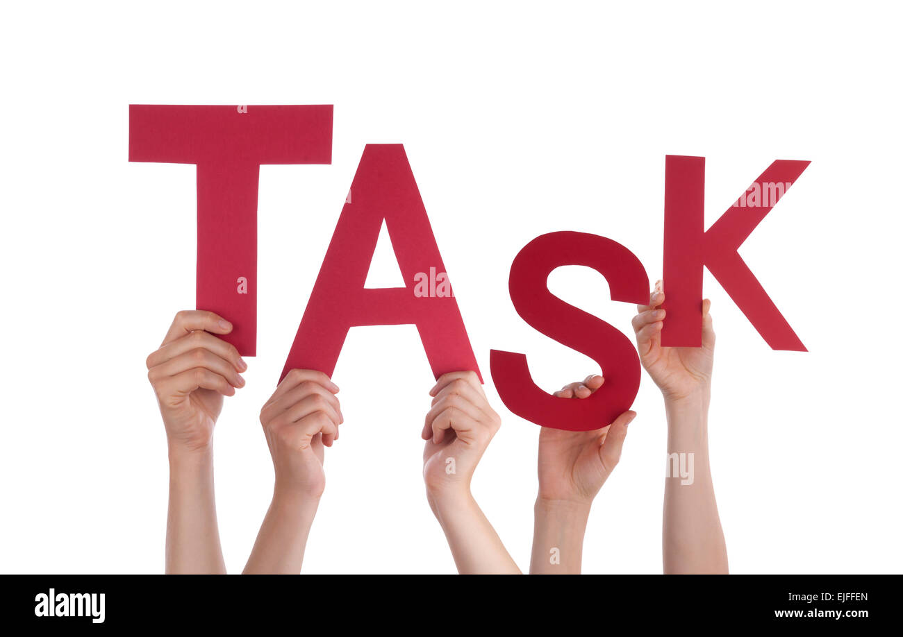 Viele kaukasische Menschen und Händen mit roten Buchstaben oder Zeichen Gebäude die isolierten englische Wort-Aufgabe auf weißem Hintergrund Stockfoto