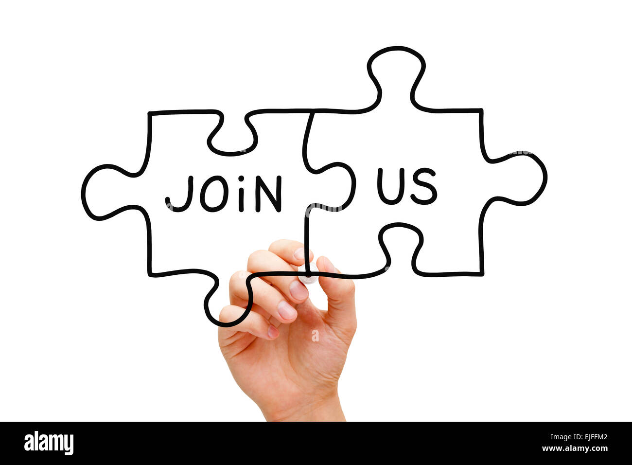 Handzeichnung beitreten uns Puzzle-Konzept mit schwarzem Filzstift auf transparente wischen. Stockfoto