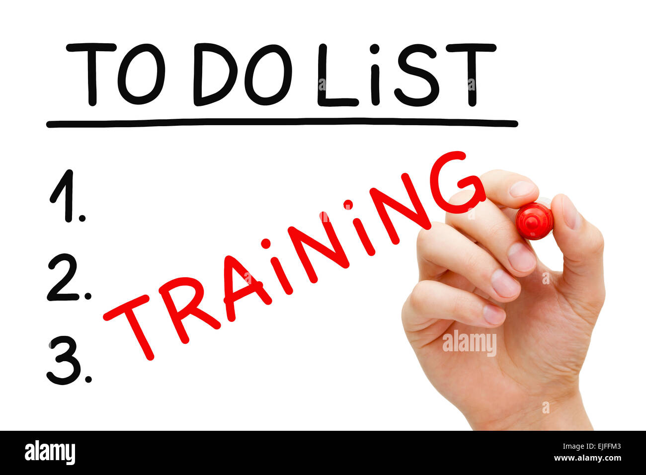 Handschrift Training in Aufgabenliste mit roten Markierung isoliert auf weiss. Stockfoto