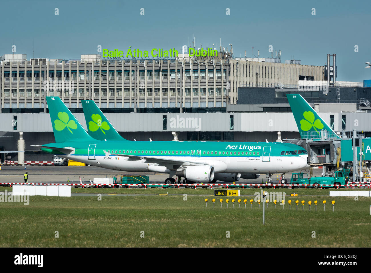 Aer Lingus-Airbus-Flugzeuge auf Asphalt mit Dublin Airport Zeichen und terminal 1 hinter Stockfoto