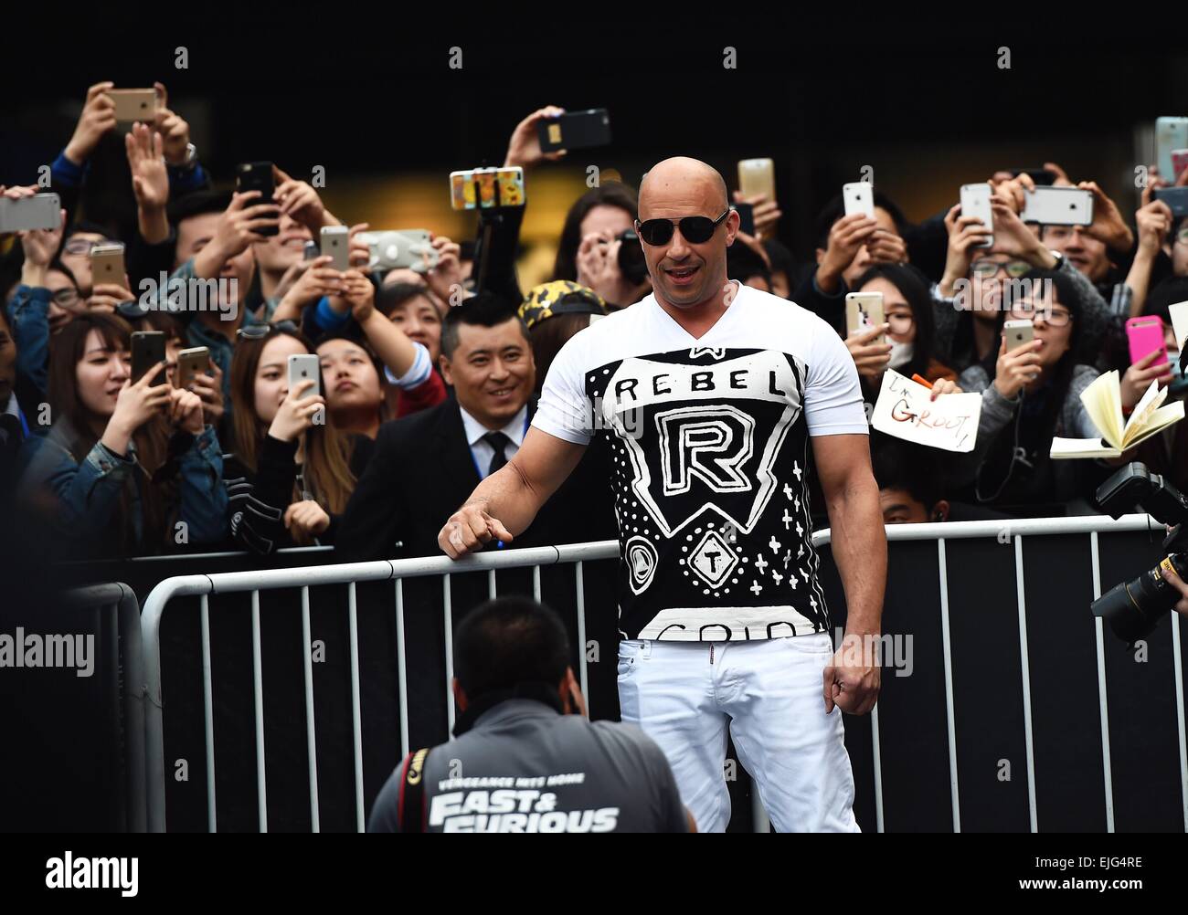 Peking, China. 26. März 2015. Movie Star Vin Diesel besucht eine Pressekonferenz für seinen neuen Film "Schnell & Furious" Furious 7 in Peking, Hauptstadt von China, 26. März 2015. Der Film wird am 12. April chinesischen Festland Bildschirm getroffen. Bildnachweis: Jin Liangkuai/Xinhua/Alamy Live-Nachrichten Stockfoto