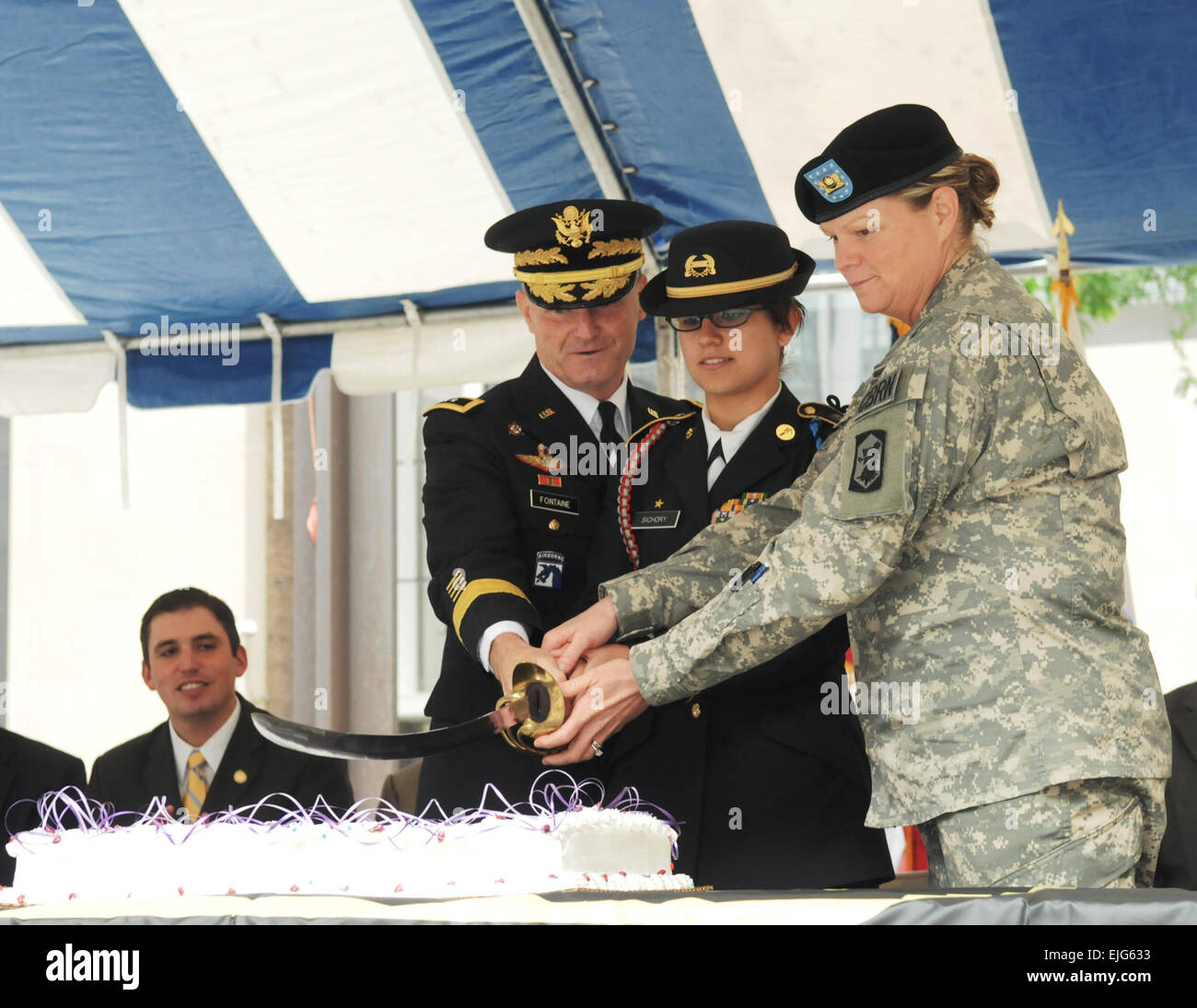 Generalmajor Yves J. Fontaine, Kommandierender General, US Army Sustainment Command, Rock Island, Illinois, JROTC Cadet Cheryl Sichory, Hubbard High School und Master. Sgt. Julie Jones, 404th Manöver Enhancement Brigade MEB, IL Army National Guard ILARNG, schneiden Sie den Kuchen zur Feier der US-Armee 235. Geburtstag in Chicago, Ill, 14. Juni 2010. Stockfoto