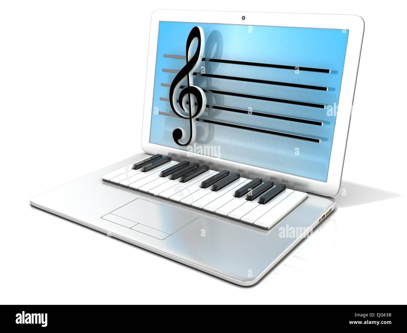Laptop mit Klaviertastatur. 3D-Rendering - Konzept der Computer, erzeugte Digital Musik. Isoliert auf weißem Hintergrund Stockfoto