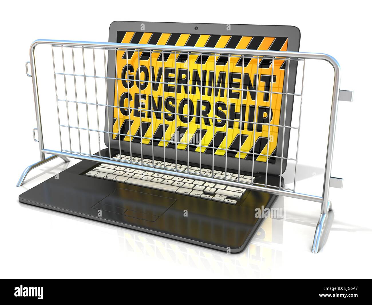 Laptop mit staatliche Zensur Zeichen auf dem Bildschirm schwarz, und Stahl Barrikaden. 3D-Rendering isoliert auf weißem Hintergrund Stockfoto