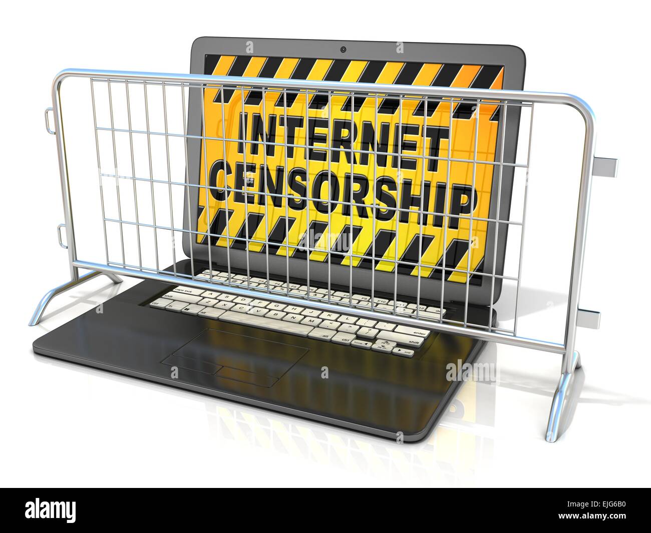 Laptop mit INTERNET-Zensur-Zeichen auf dem Bildschirm schwarz, und Stahl Barrikaden. 3D-Rendering isoliert auf weißem Hintergrund Stockfoto