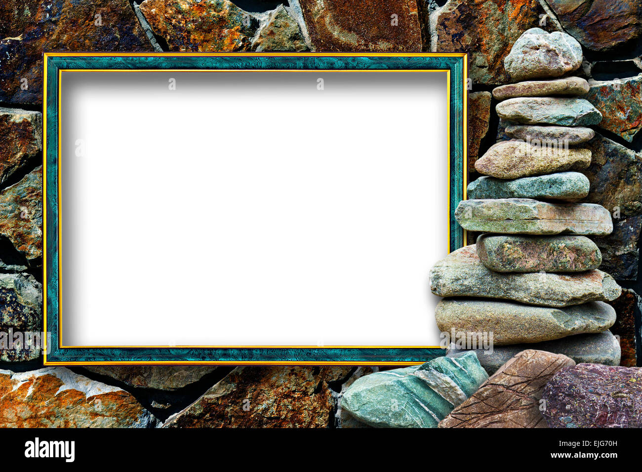 Abbildung Rahmen für ein Foto mit einem Cairn auf einem Stein Hintergrund Stockfoto