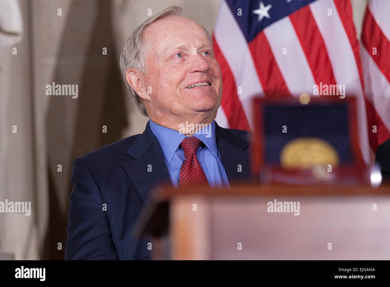 Legendären Golfer Jack Nicklaus lächelt während der Congressional Gold Medal-Zeremonie in seiner Ehre auf dem Capitol Hill 24. März 2015 in Washington, DC. Stockfoto