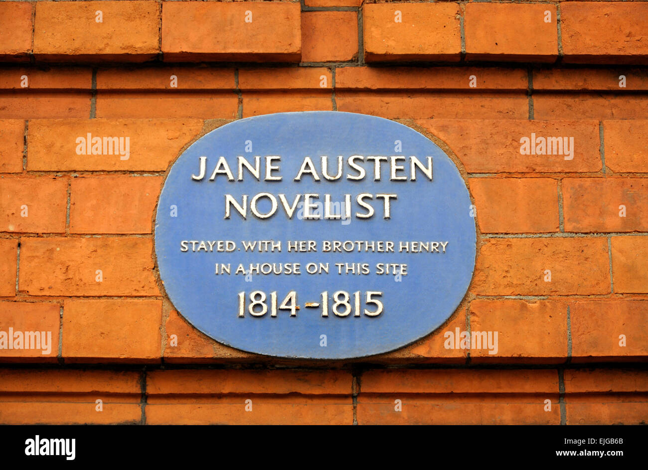London, England, Vereinigtes Königreich. Blaue Gedenktafel am 23 Hans statt. Jane Austen Schriftsteller waren hier mit ihrem Bruder Henry in eine ho Stockfoto