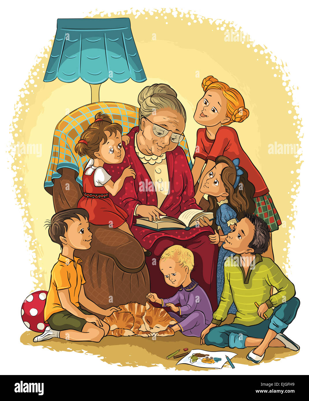 Großmutter sitzt im Stuhl liest ein Buch auf ihre Enkelkinder Stockfoto